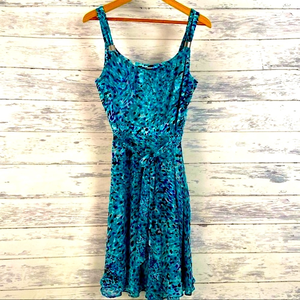 WHBM Teal/Blue Abstract Chiffon-like Cocktail Dress Size 14